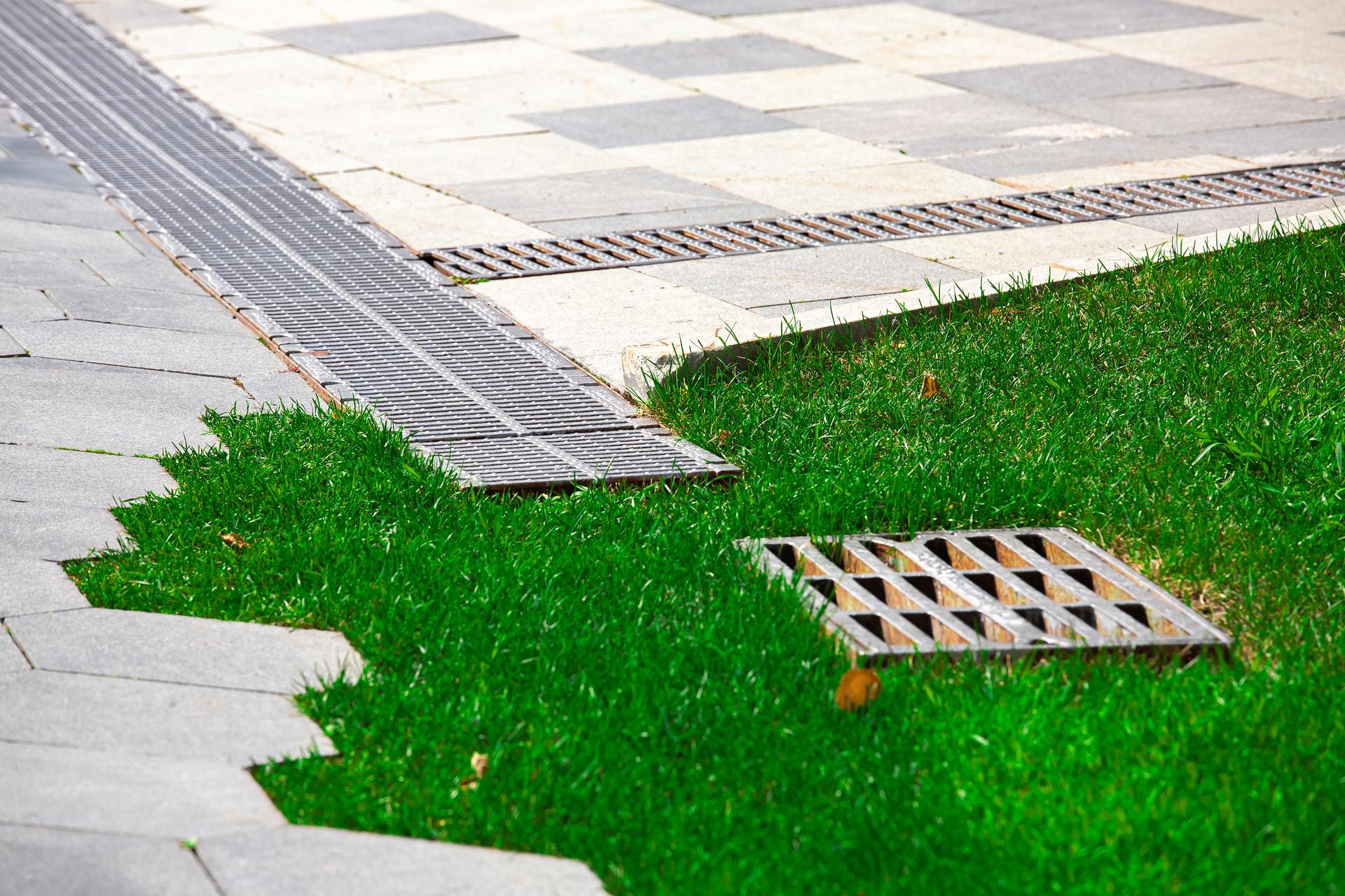 pavement with stone tiles decorative pattern and trimmed green lawn on summer park with drain system, nobody.