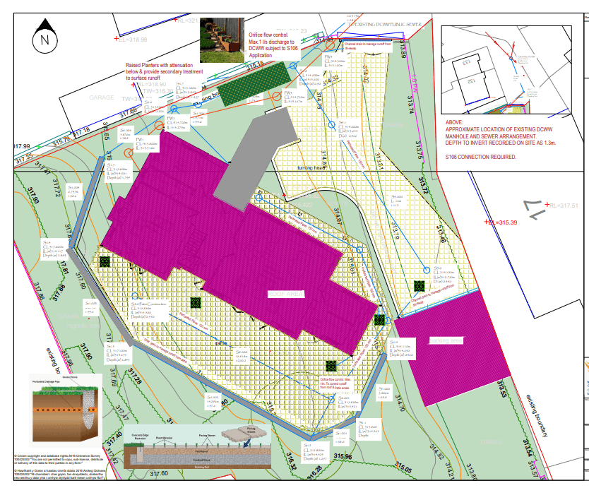 Detailed civil engineering drawing showing site layout with buildings, drainage systems, and annotations for construction plans.